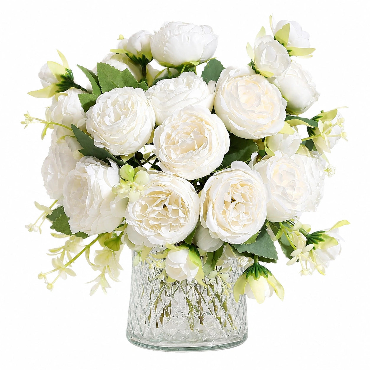 Bouquet Artificiale Peonie Bianche in Vaso di Vetro