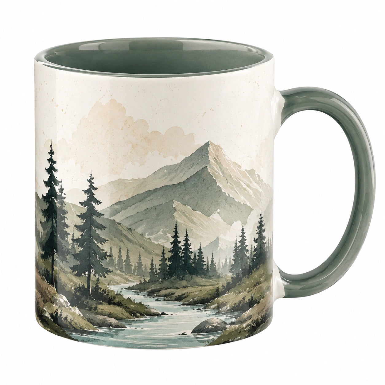 Tazza in Ceramica con Motivo Paesaggio Montano 350ml Verde-Grigio