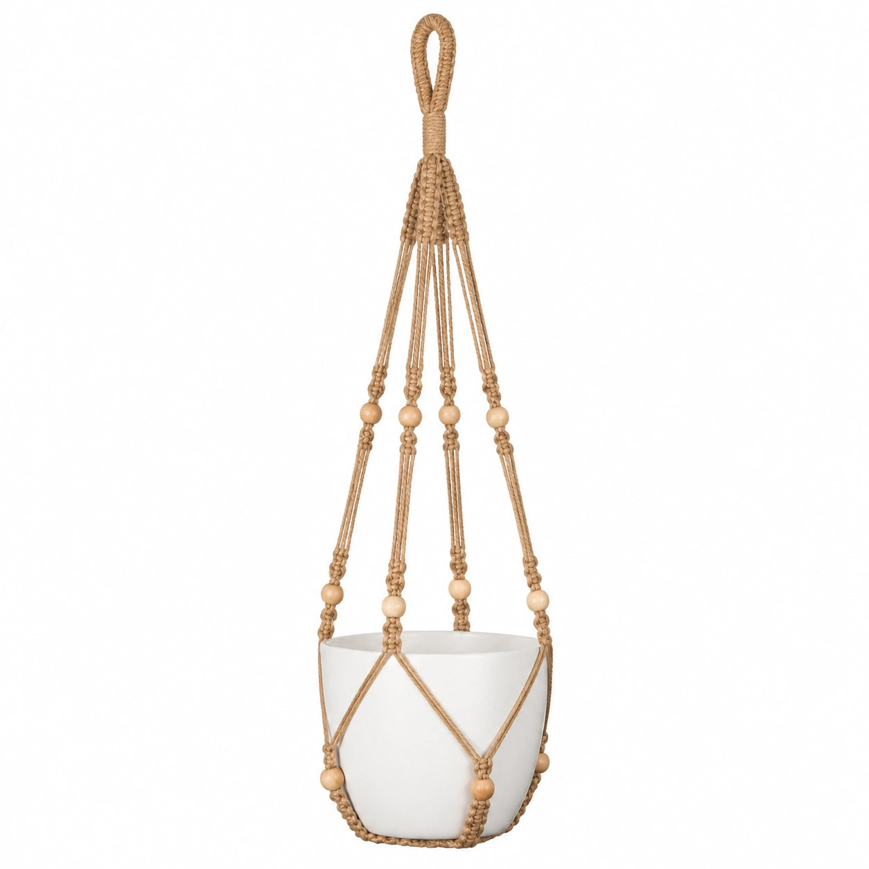 Portavaso Sospeso in Macramè con Vaso Bianco, Marrone Naturale
