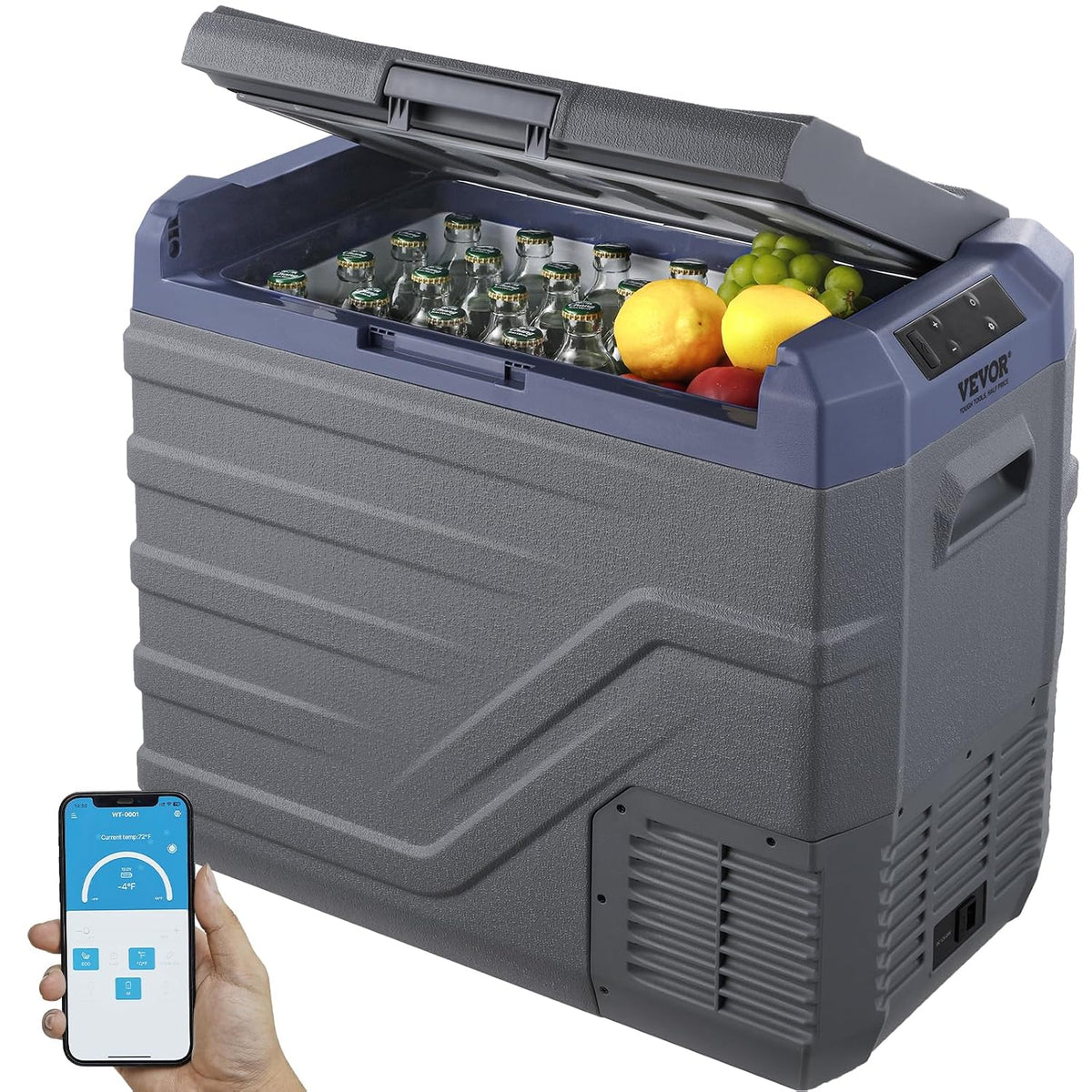 Lodówka, C-20.0, VEVOR, 12 V, 45 l, 618 x 376 x 514 mm, Szary/Ciemnoniebieski, oświetlenie LED, Bluetooth