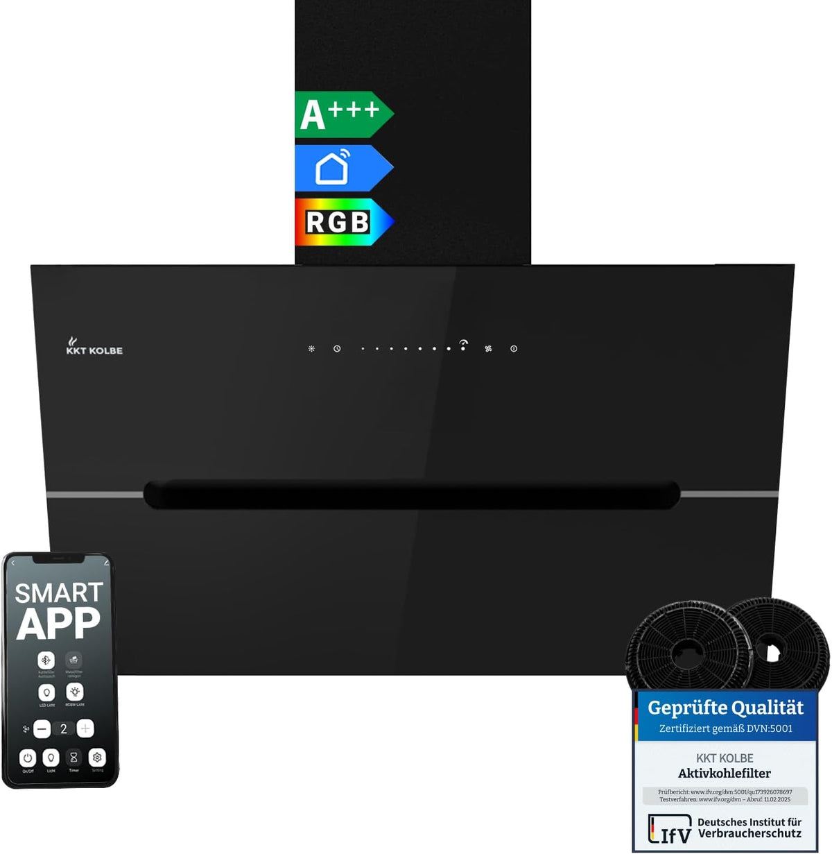 KKT KOLBE, Okap kuchenny, ECCO8005SM, 80 cm, Czarny, metal, oświetlenie LED, Wi-Fi, automatyczne wyłączanie