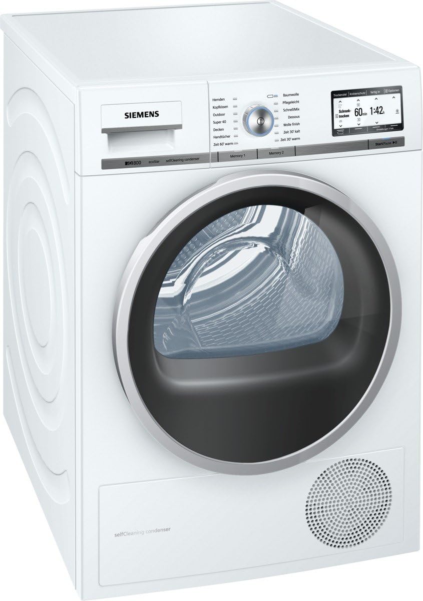 SIEMENS, Suszarki z pompą ciepła, WT48Y7, 8 kg, 84,2 x 59,7 x 63,4 cm, 0,13 W, Biały