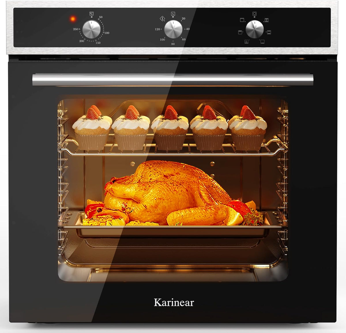 Karinear, Piekarnik do zabudowy, 60 cm, 60 l, 2200 W, Czarny / Srebrny, funkcja grilla