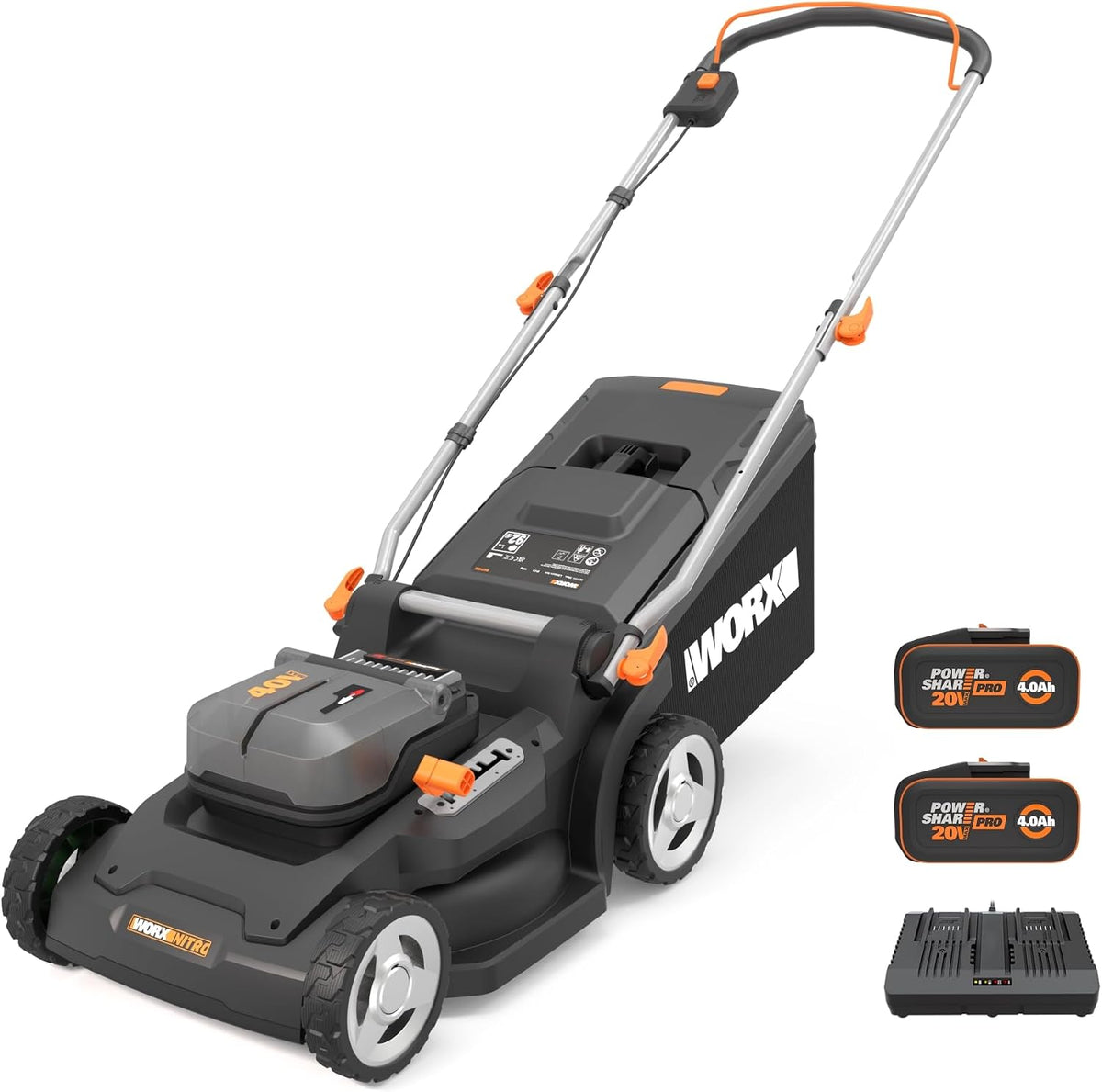 WORX, Kosiarki rotacyjne, WG745E, 41 cm, 40 V, 18 kg, Czarny, składana konstrukcja, praca bezprzewodowa, 2 w 1