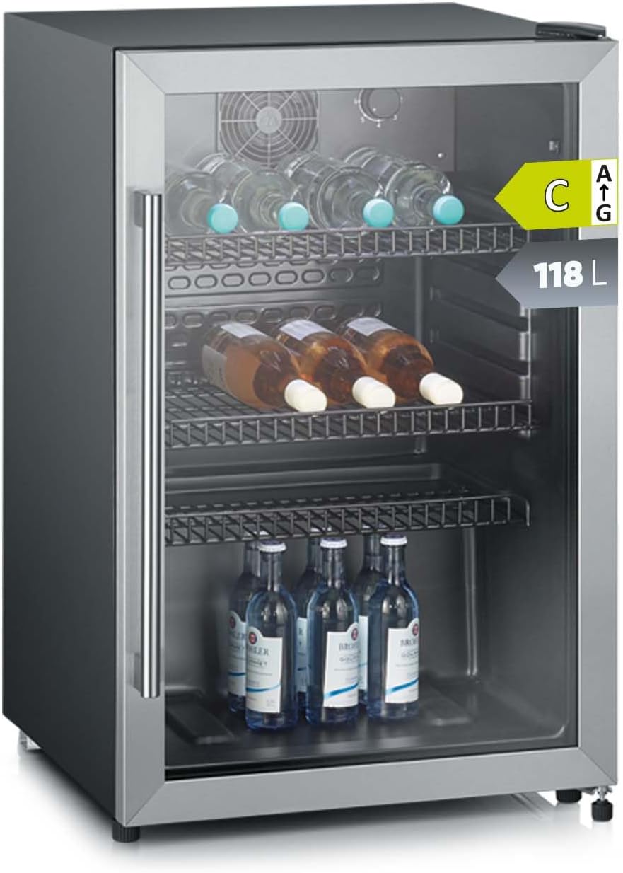 Severin, Lodówka, 118 l, 55 cm, Srebrny, stal nierdzewna, regulowana wysokość, oświetlenie LED