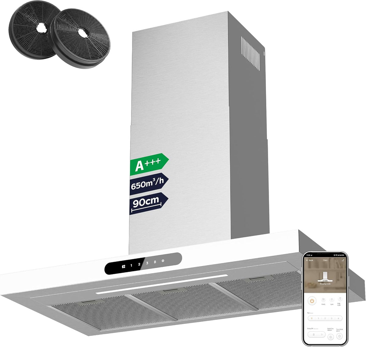 CIARRA, Okap kuchenny, CBCW9102, 90 cm, Biały, stal nierdzewna, regulowana wysokość, oświetlenie LED, Wi-Fi