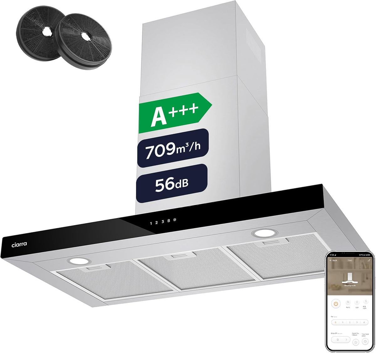 CIARRA, Okap kuchenny, CBCS9102, 90 cm, 56 dB, Srebrny, aluminium, oświetlenie LED, Wi-Fi