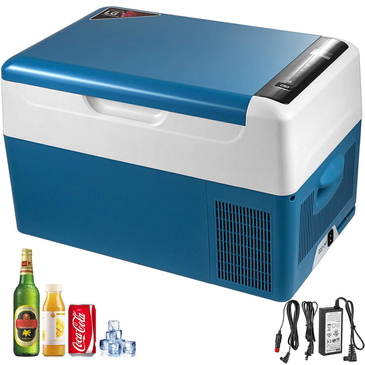 VEVOR, Minilodówka, 22 l, 326 x 244 mm, 12 V, Niebieski/Biały, stal nierdzewna, oświetlenie LED, USB, kompresor, funkcja grilla
