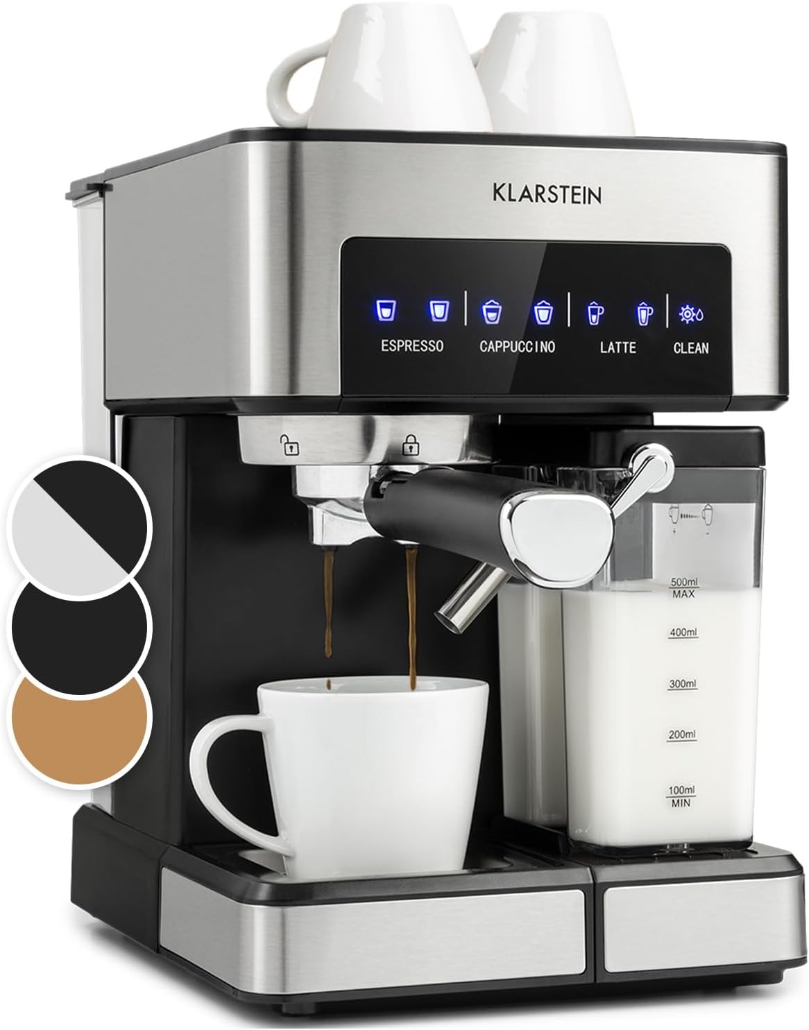 KLARSTEIN, Ekspres do kawy, 1.8 l, 1350 W, 20 Bar, Srebrny, stal nierdzewna, oświetlenie LED