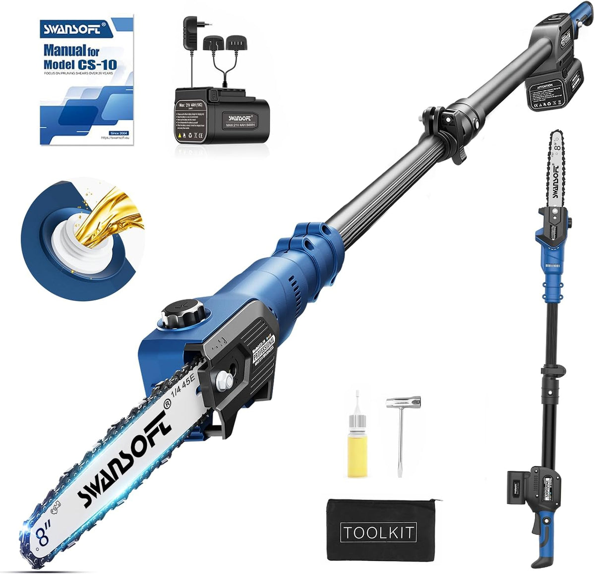 SWANSOFT, Piły łańcuchowe, CS-10, 600 W, 21 V, Niebieski/Czarny, 2 w 1