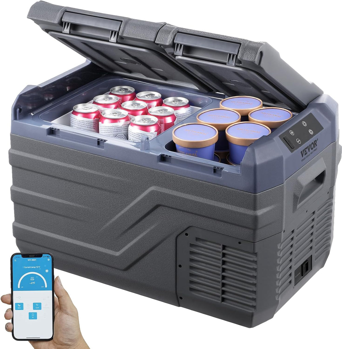 Lodówka, C-20.0, VEVOR, 12 V, 618 x 376 x 372 mm, 25 l, Ciemnoszary, oświetlenie LED, Bluetooth, kompresor