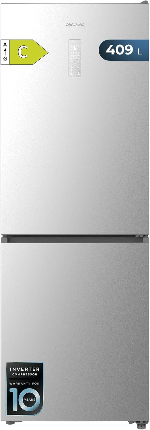 Cecotec, Lodówka, 409 l, 185 x 59,5 cm, Srebrny, stal nierdzewna, No Frost, kompresor